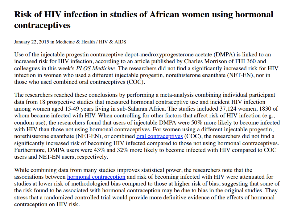 Risk of HIV Infection in Studies of African Women Using Hormonal Contraceptives