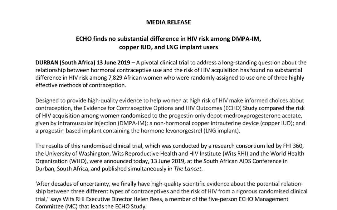 MEDIA RELEASE – ECHO finds no substantial difference in HIV risk among DMPA-IM, copper IUD, and LNG implant users