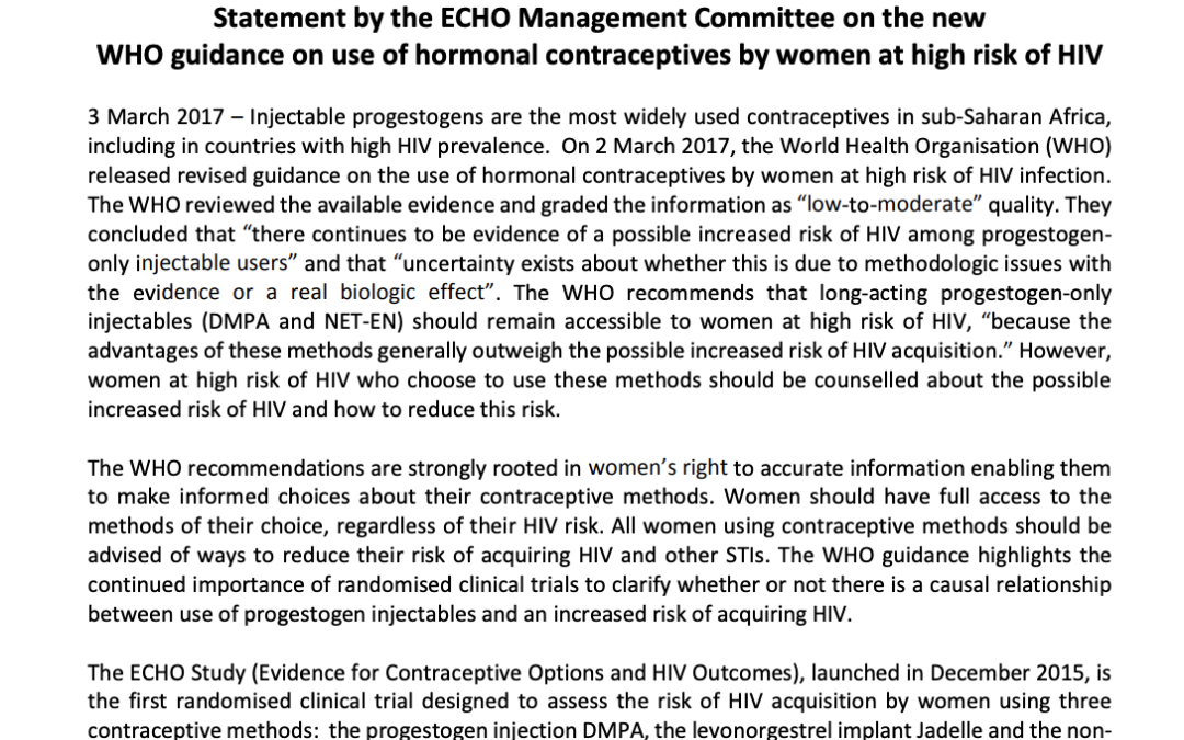 ECHO Management Committee on New WHO Guidance on Use of Hormonal Contraceptives by Women at High Risk of HIV