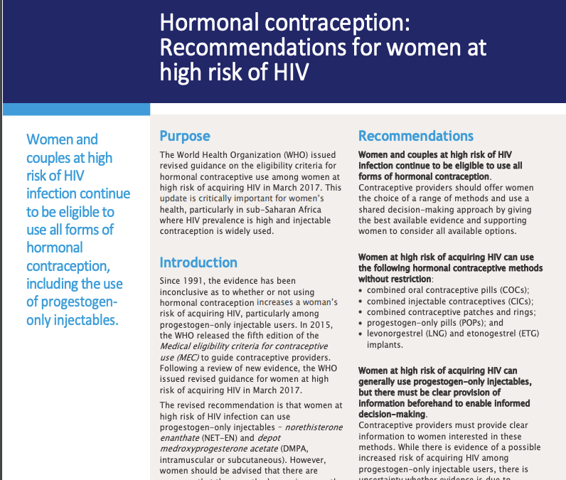 Technical Brief: Hormonal Contraception – Recommendations for Women at High Risk of HIV